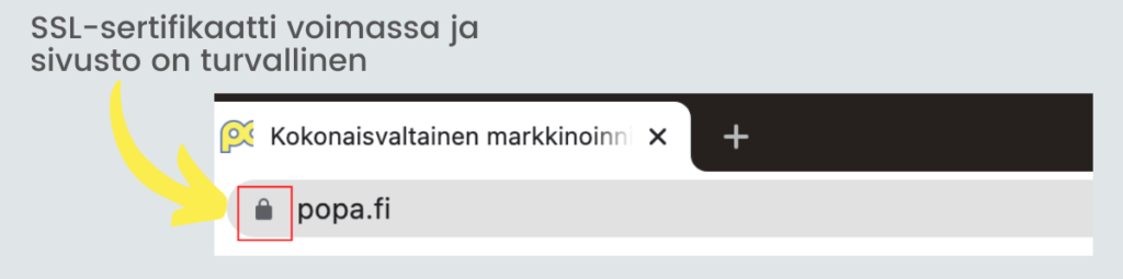 Lukko-kuvake osoiterivin alussa osoittaa, että sivuston SSL-sertifikaatti on voimassa ja sivusto on turvallinen.